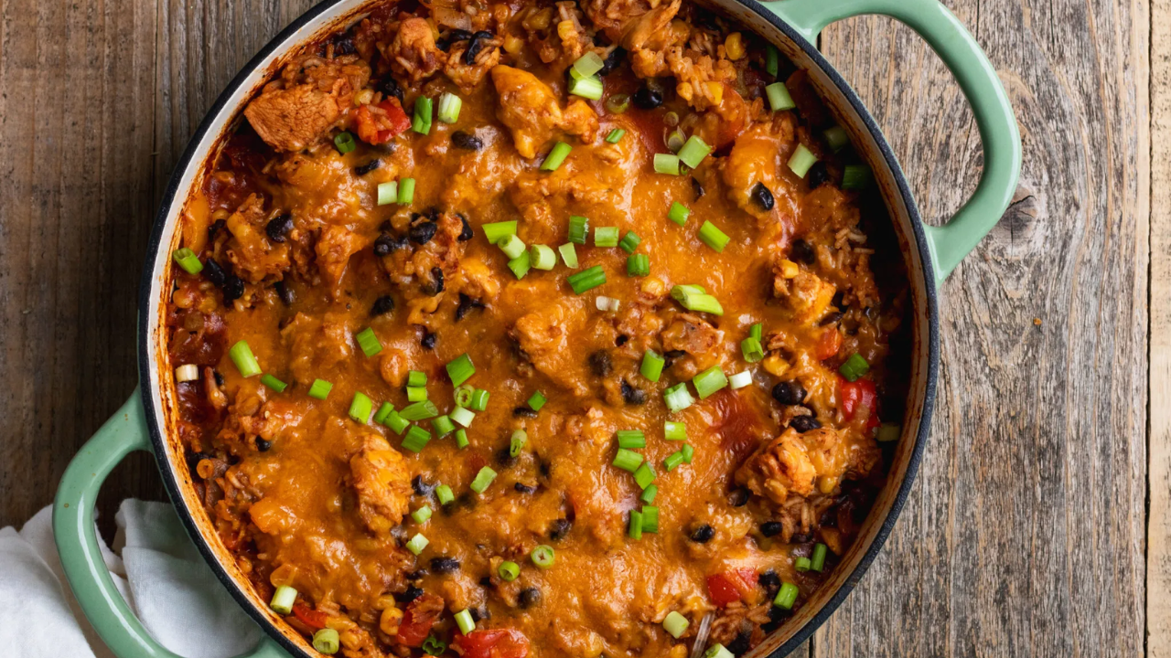7. One Skillet Cheesy Salsa Chicken Rice Bake