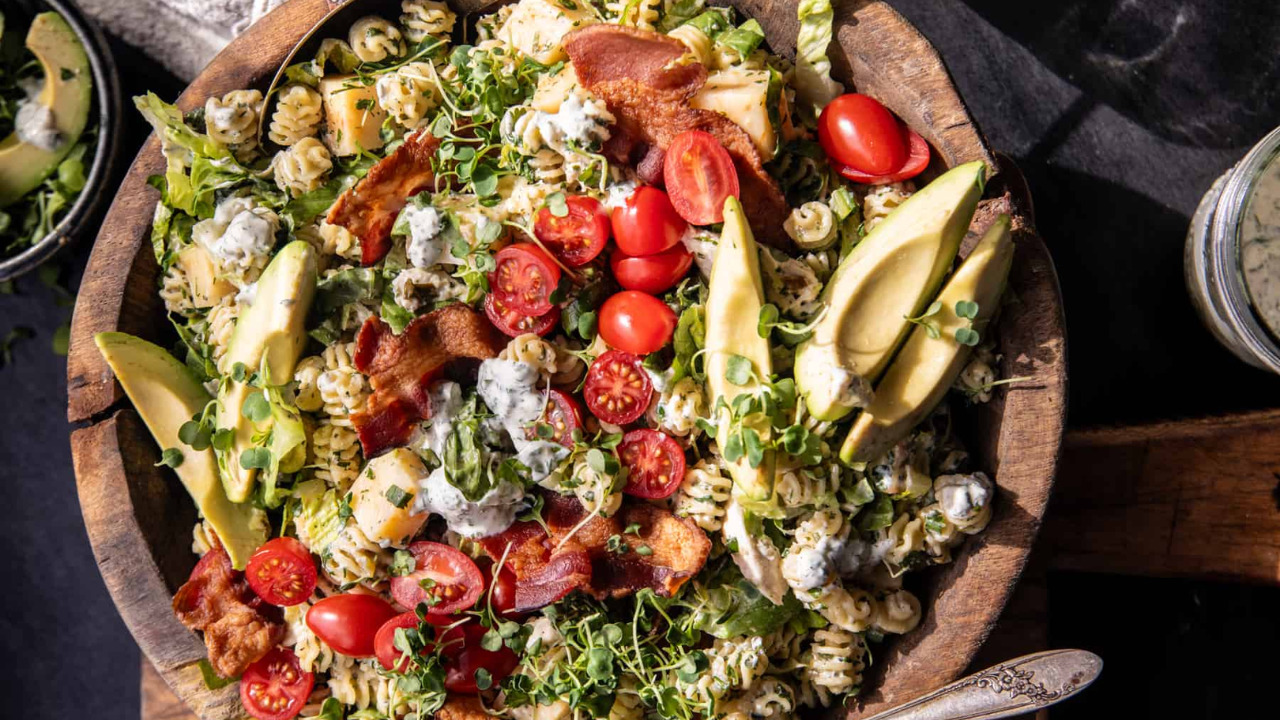 14. Creamy Avocado Ranch Chicken Pasta Salad