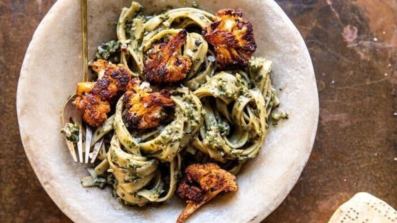17. Roasted Cauliflower with Creamy Pesto Pasta