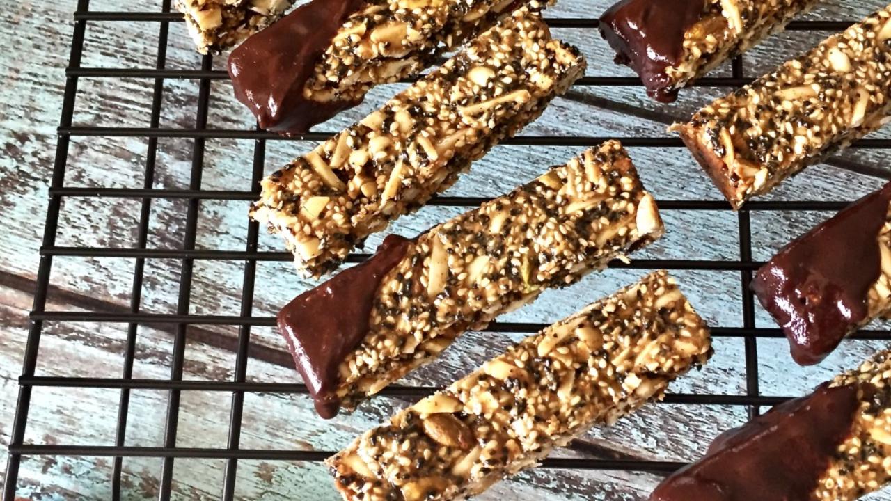 7. Homemade Chocolate Dipped Sesame Oat Bars